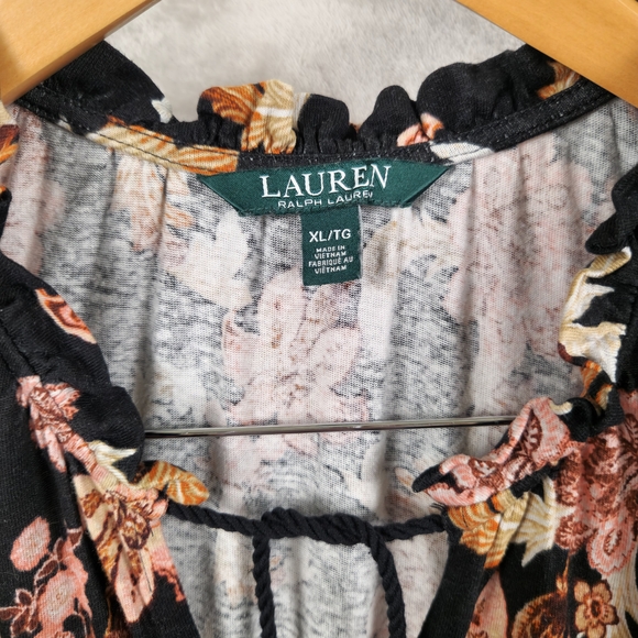 Lauren Ralph Lauren Top Floral Women’s Size XL Linen Blend Black Pink Ruffles - Picture 3 of 10